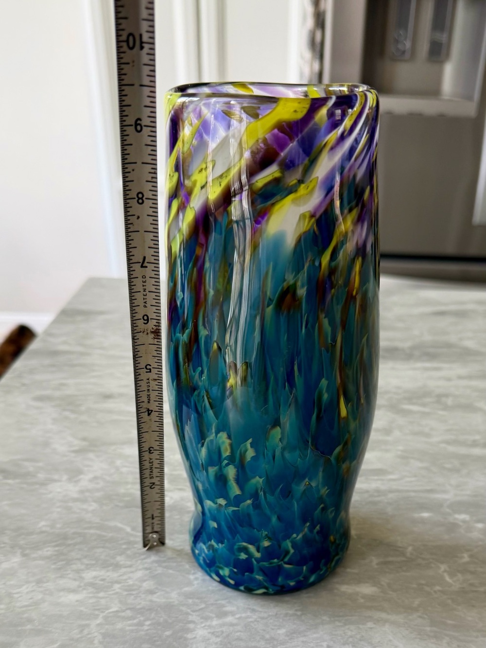 Handblown Art Glass Vase in Teal, Purple & Yellow